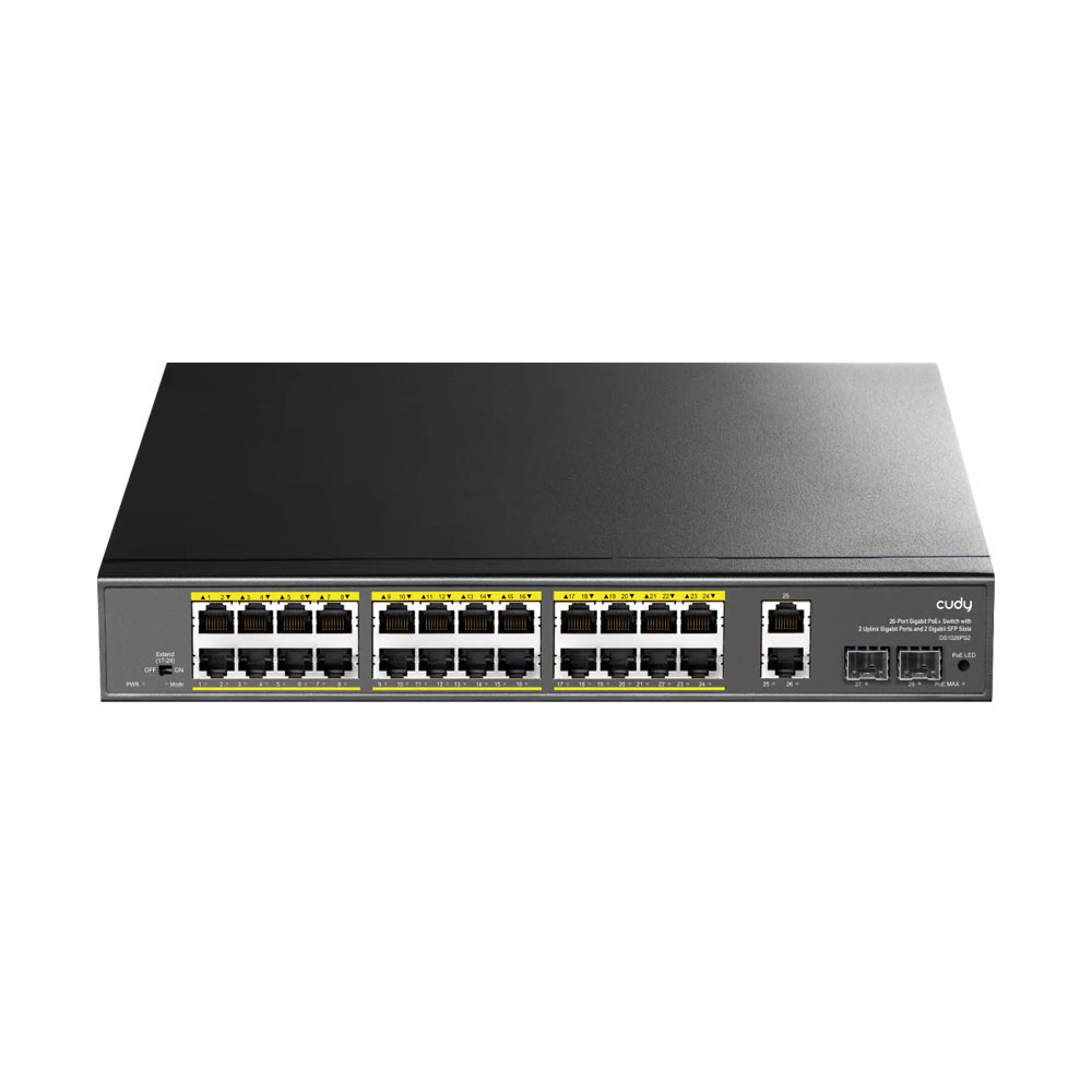 24-Port Gigabit PoE+ Switch with 2 Uplink Gigabit Ports and 2 Gigabit SFP Slots 300W - Switch Gigabit PoE+ de 24 portas da Cudy. 2 portas Gigabit RJ45 Uplink. 2 portas Gigabit SFP. Suporte IEEE802.3af/at PoE. Fornecimento de PoE de ?30W por porta e 280W no total. Modos predefinido e alargado. Watchdog no modo Extend