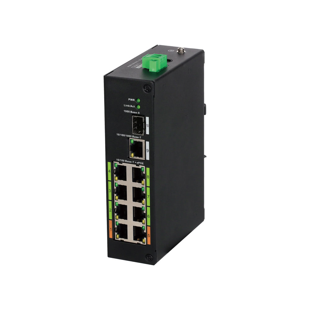 Switch industrial não gerido (L2) com 8 portas ePoE + 1 porta de ligação ascendente Gigabit Ethernet + 1 porta Gigabit Fibre SFP.