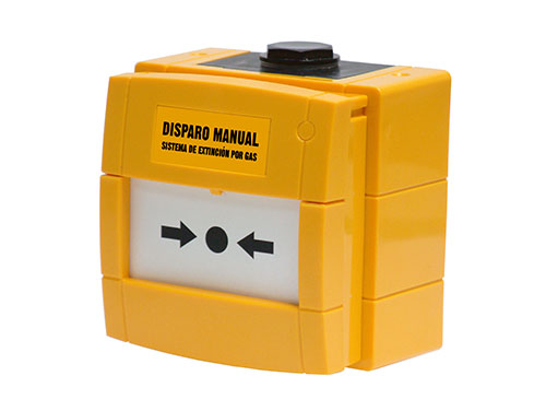 PULSADOR KAC DISPARO DE EXTINCION EN-12094-3 COLOR AMARILLO IP65. - Botão de extinção manual rearmável KAC amarelo com tampa de proteção. IP65. EN-12094-3.