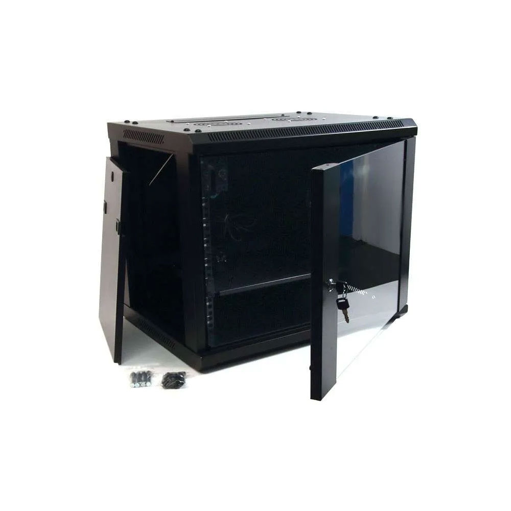 ARMARIO RACK 9U 60X45 DESMONTADO CON TERMOSTATO 2 VENTILADORES 1 BANDEJA - Armário Rack 19? 9U Tipo Parede. Fabricado em aço laminado a frio SPCC. Fechadura de segurança com chave. Capacidade de carga de 60 kg. Fornecido desmontado e com acessórios