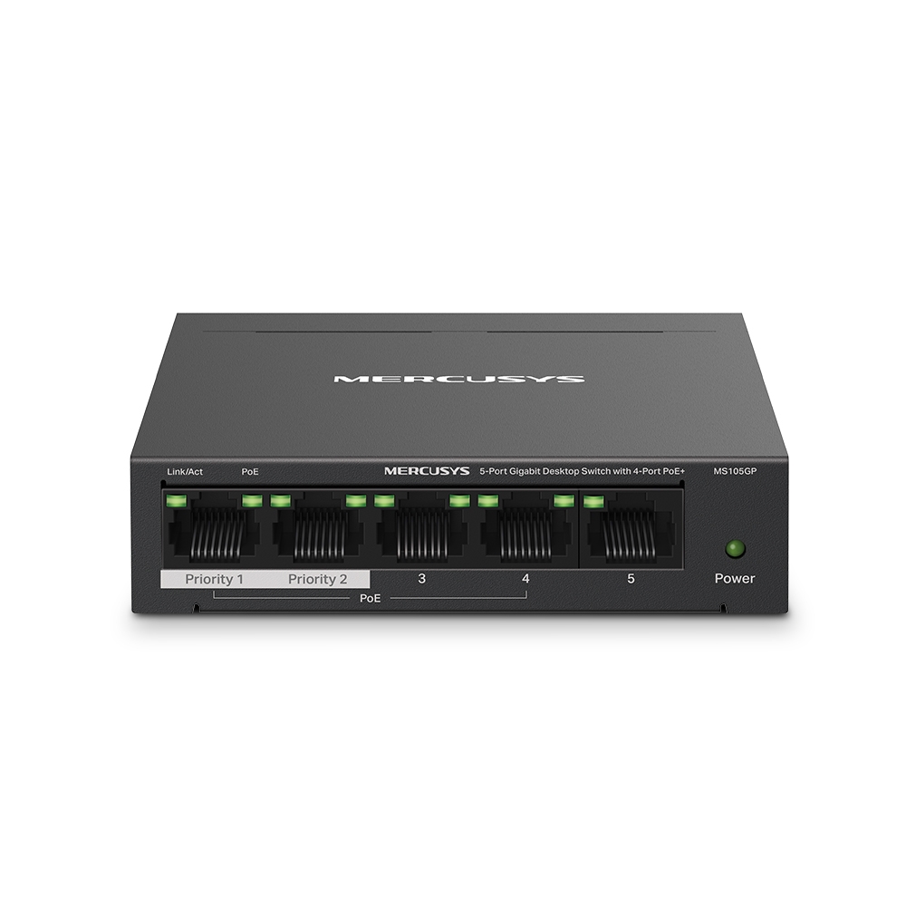 Switch Gigabit de 5 portas Mercusys com 4 portas PoE+