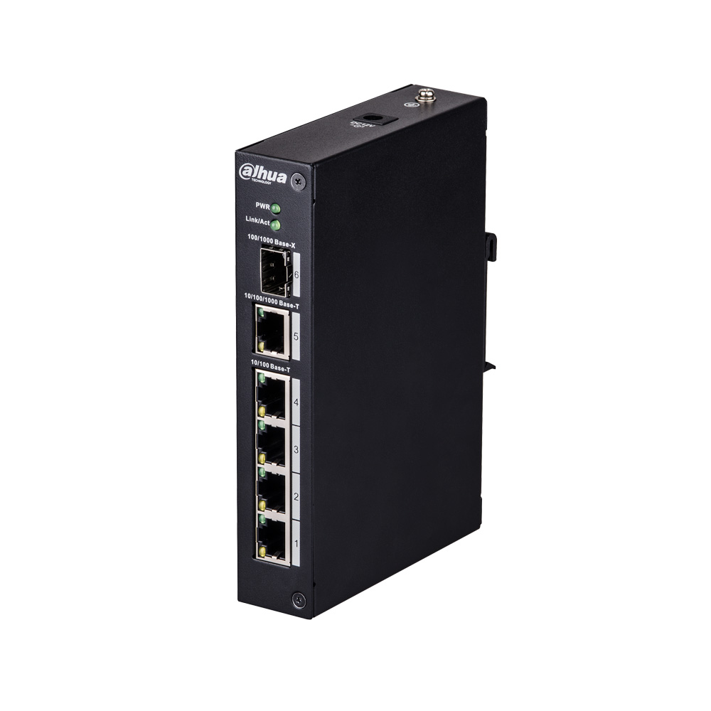 Switch industrial (L2) não gerido com 4 portas Fast Ethernet + 1 porta de ligação ascendente Gigabit + 1 porta 1000Base-X SFP